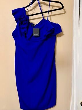 MARINA Cobalt One-Shoulder Ruffle Dress